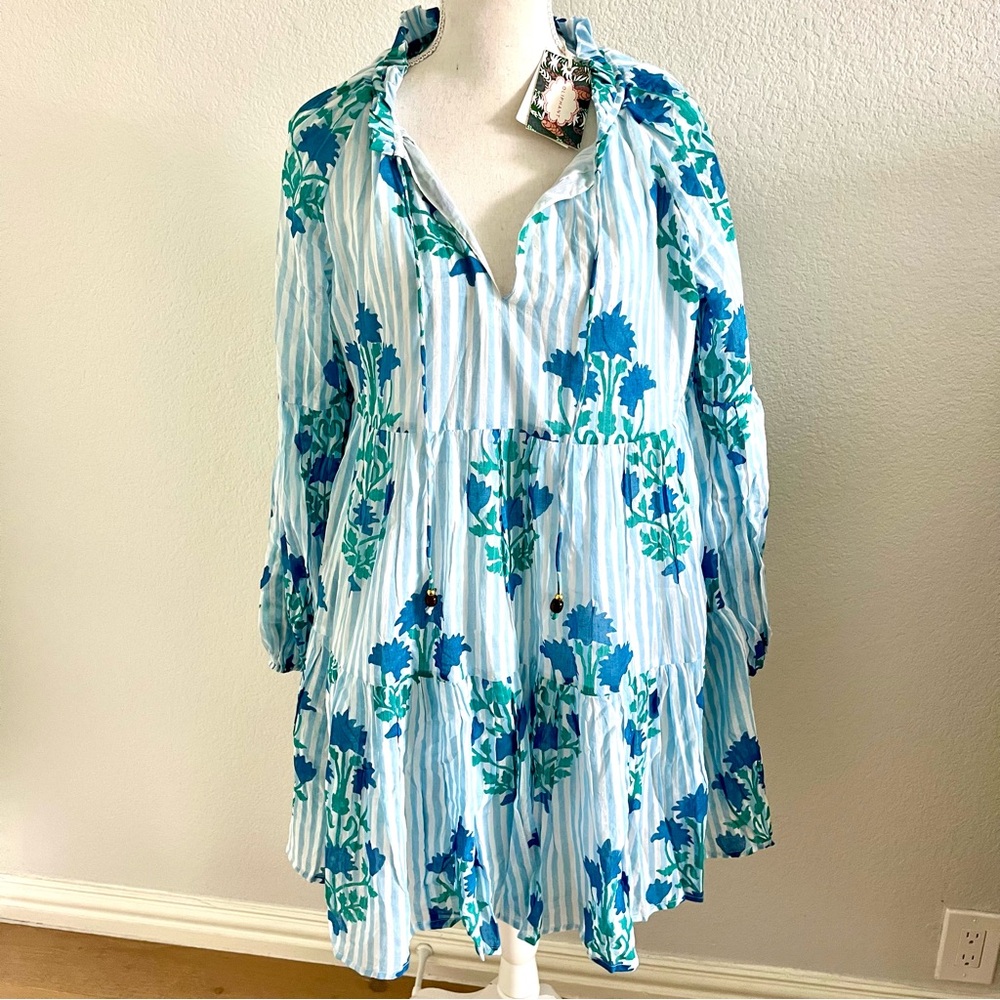 Oliphant Blue and Teal Floral Long Sleeve Dress